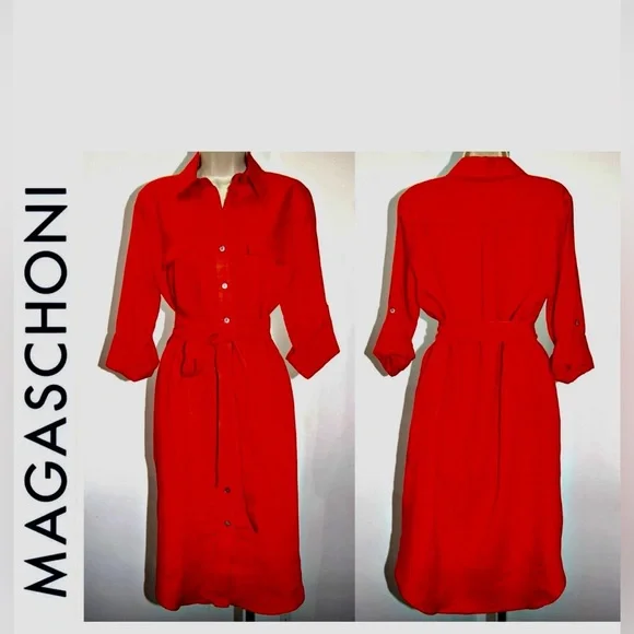 Magaschoni Linen Roll Sleeve Pockets Belted 42"Long Shirt Dress Red L - Picture 2 of 4